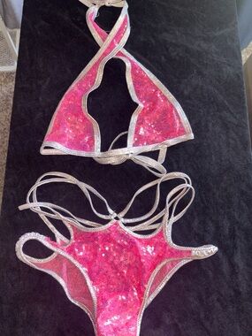 Rave Wonderland Pink Sequin Two-Piece halter top rave set